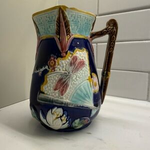 1903 antique Blue Ceramic Pitcher with Floral Design